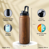 Urbane Home Water Bottle | Vacuum Insulated Travel Bottle | Gym Water Bottle | Hot & Cold Water Bottle | Wooden Print Bottle with Sipper Cap | DA230804 | 900 ML | Brown